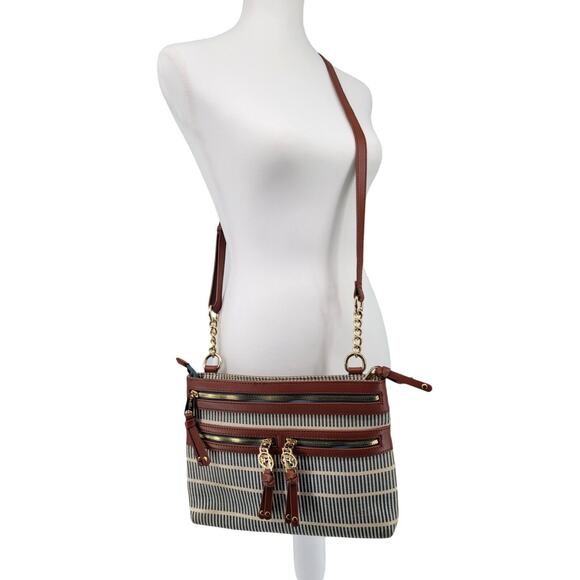 Spartina 449 Tidaholm Crossbody Bag Striped Navy Natural Linen Leather Trim Gold - Picture 1 of 5
